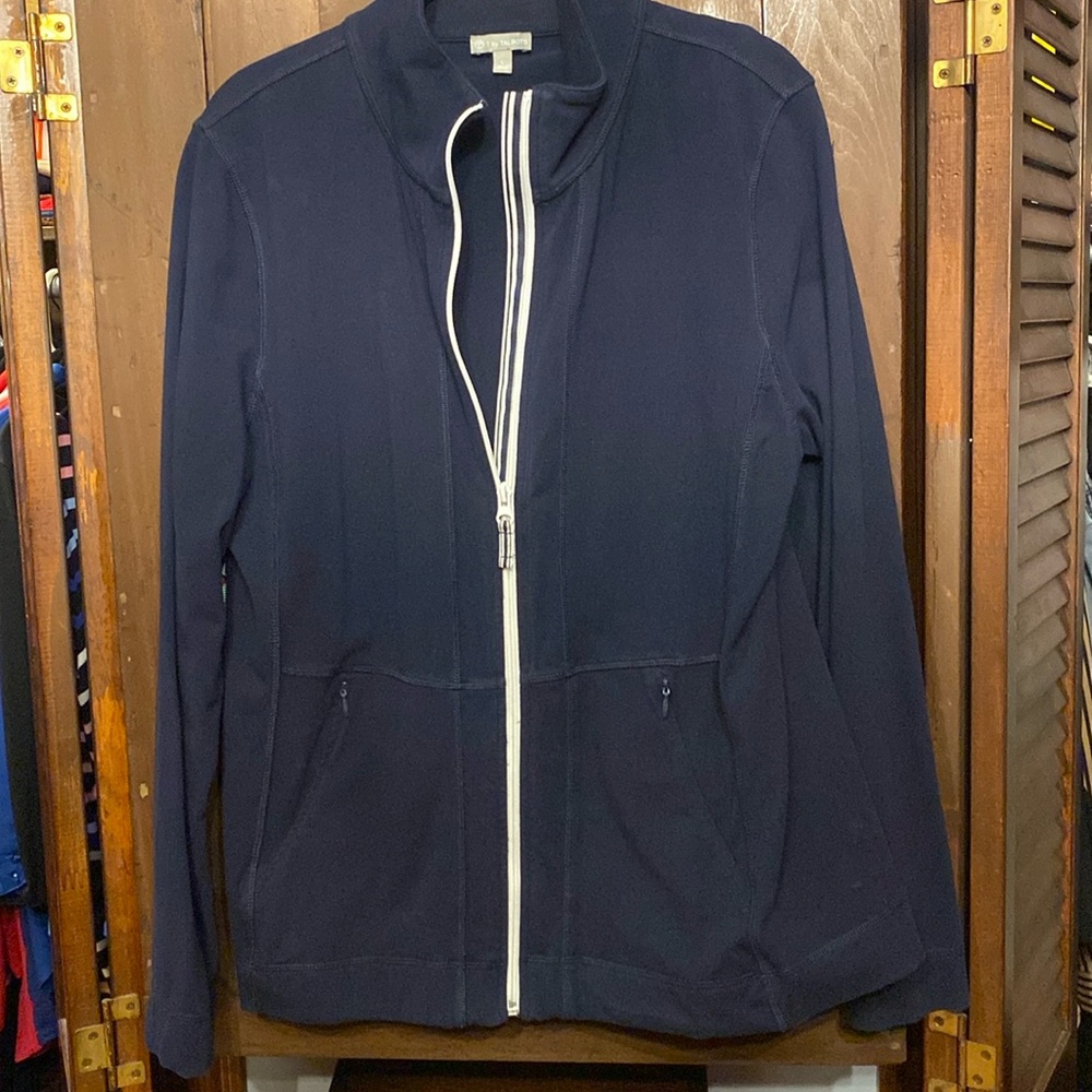 T By Talbots Cotton and Spandex Navy and White Zip Front Jacket Size Large